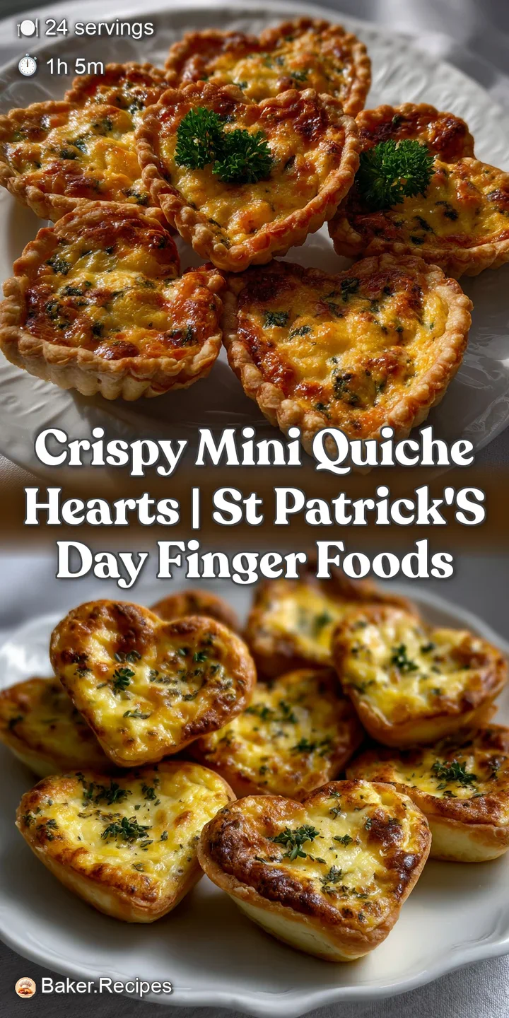 Close-up of a flaky, golden-brown quiche heart. The savory filling is visible, with a speckled texture and enticing aroma....