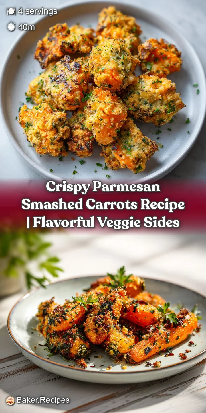 Close-up of parmesan-crusted smashed carrots; wrinkled texture and melted cheese create a delectable, savory visual.