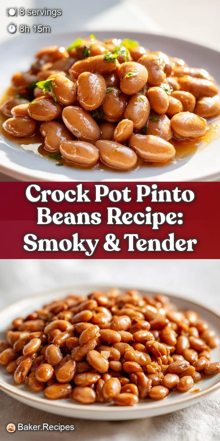 Close-up of glistening pinto beans with flecks of spices and tender ham. Rich, inviting textures fill the frame, earthy ar...