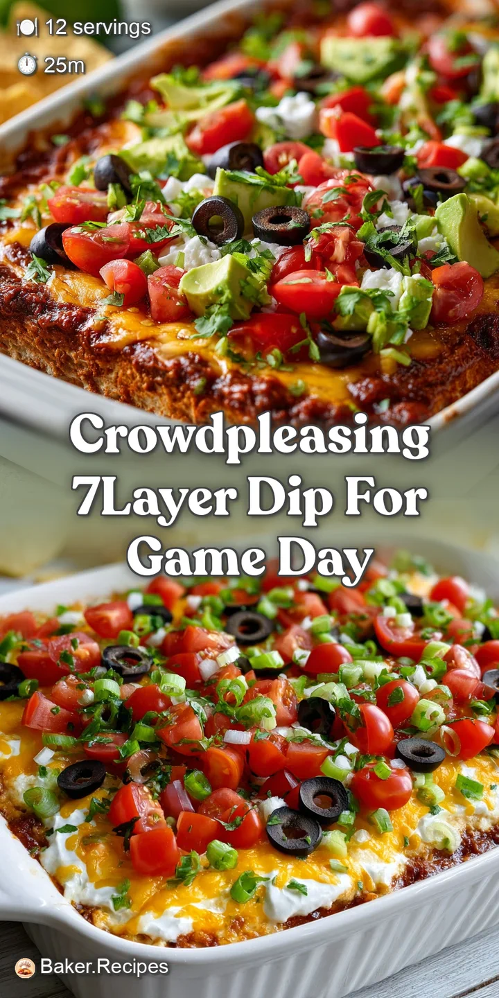 Close-up view of a creamy 7-layer dip with visible layers of guacamole, sour cream, and a sprinkle of vibrant toppings.