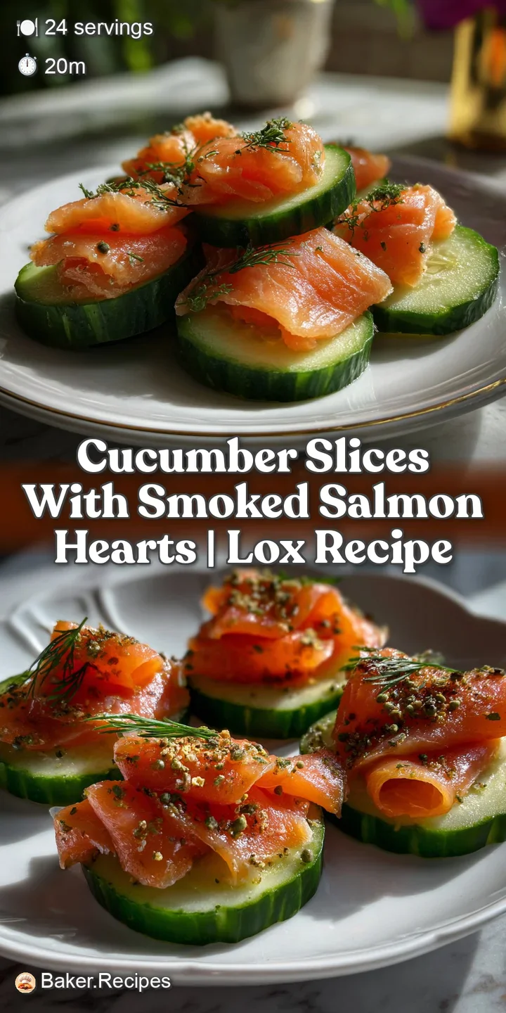 Close-up of flaky smoked salmon atop a crisp cucumber slice. Pale pink fish contrasts with the bright green vegetable. A d...