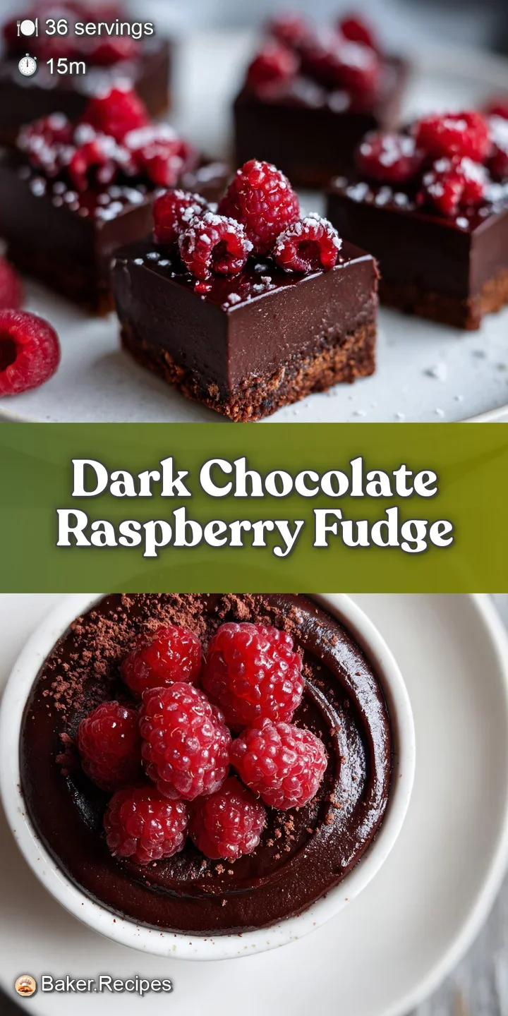 Close-up of decadent, dark chocolate raspberry fudge with glistening raspberries and a fudgy, melt-in-your-mouth texture.