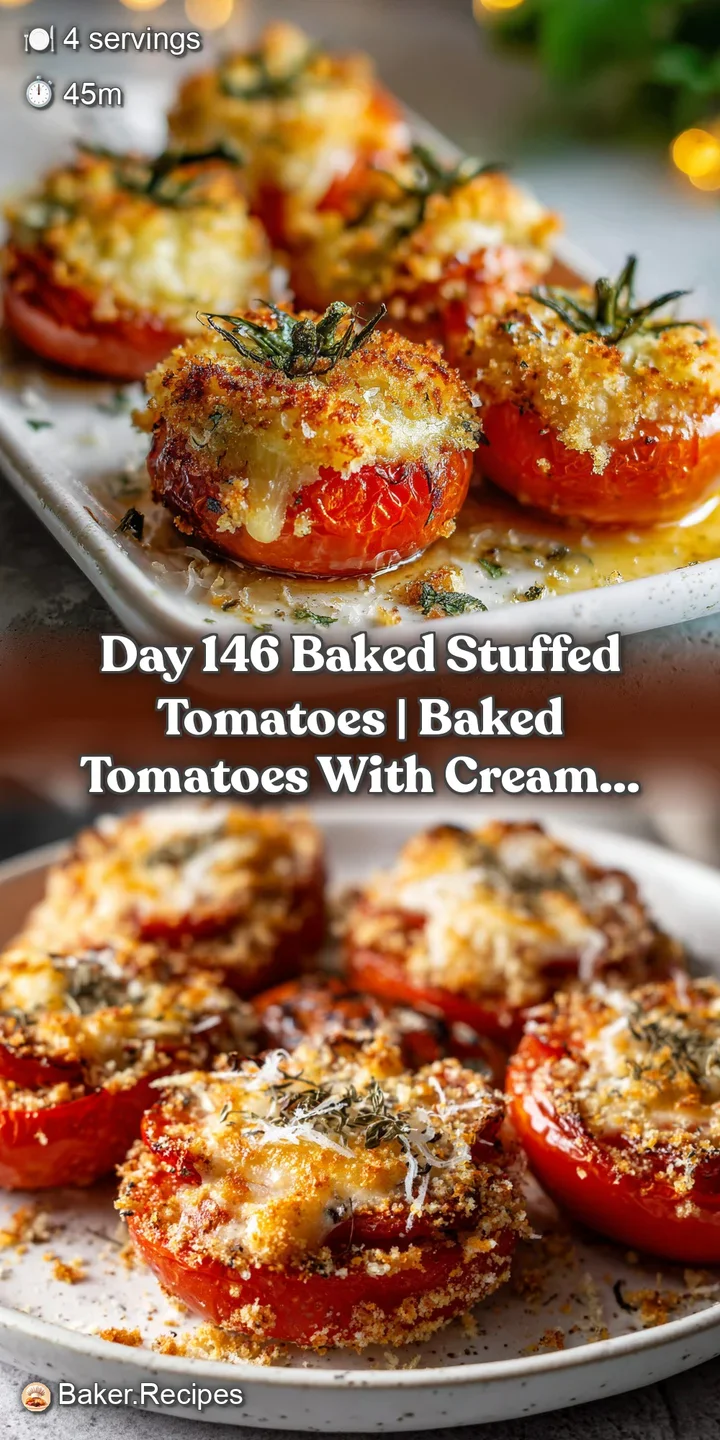 Extreme close-up of bubbling, browned cheese atop a roasted red tomato with a glimpse of steaming savory filling.