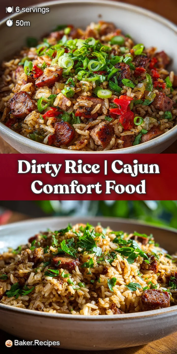 Close-up of Cajun dirty rice: glistening grains, bits of browned meat, and colorful vegetables create a hearty texture.