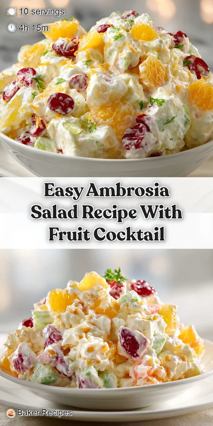 Close-up of ambrosia salad: plump marshmallows, bright orange segments, and delicate coconut flakes in a luscious cream.