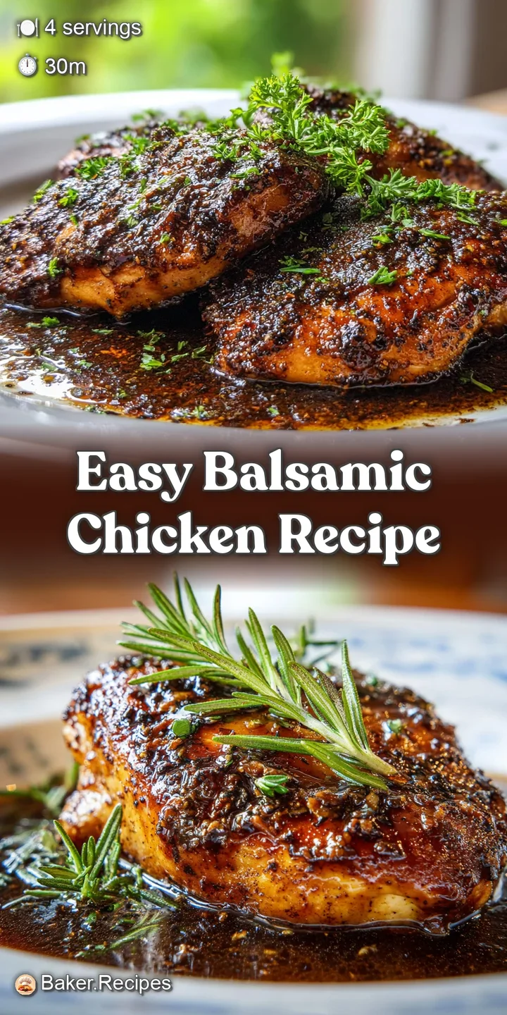 Close-up showcases the caramelized crust of pan-seared chicken, dripping with a rich, syrupy balsamic reduction.