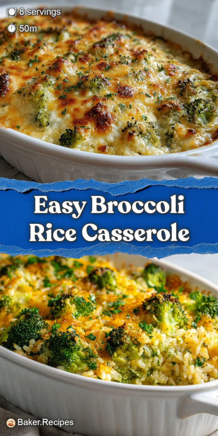 Close-up of a warm broccoli rice casserole, showcasing the tender broccoli florets and the melted, stringy cheddar cheese ...