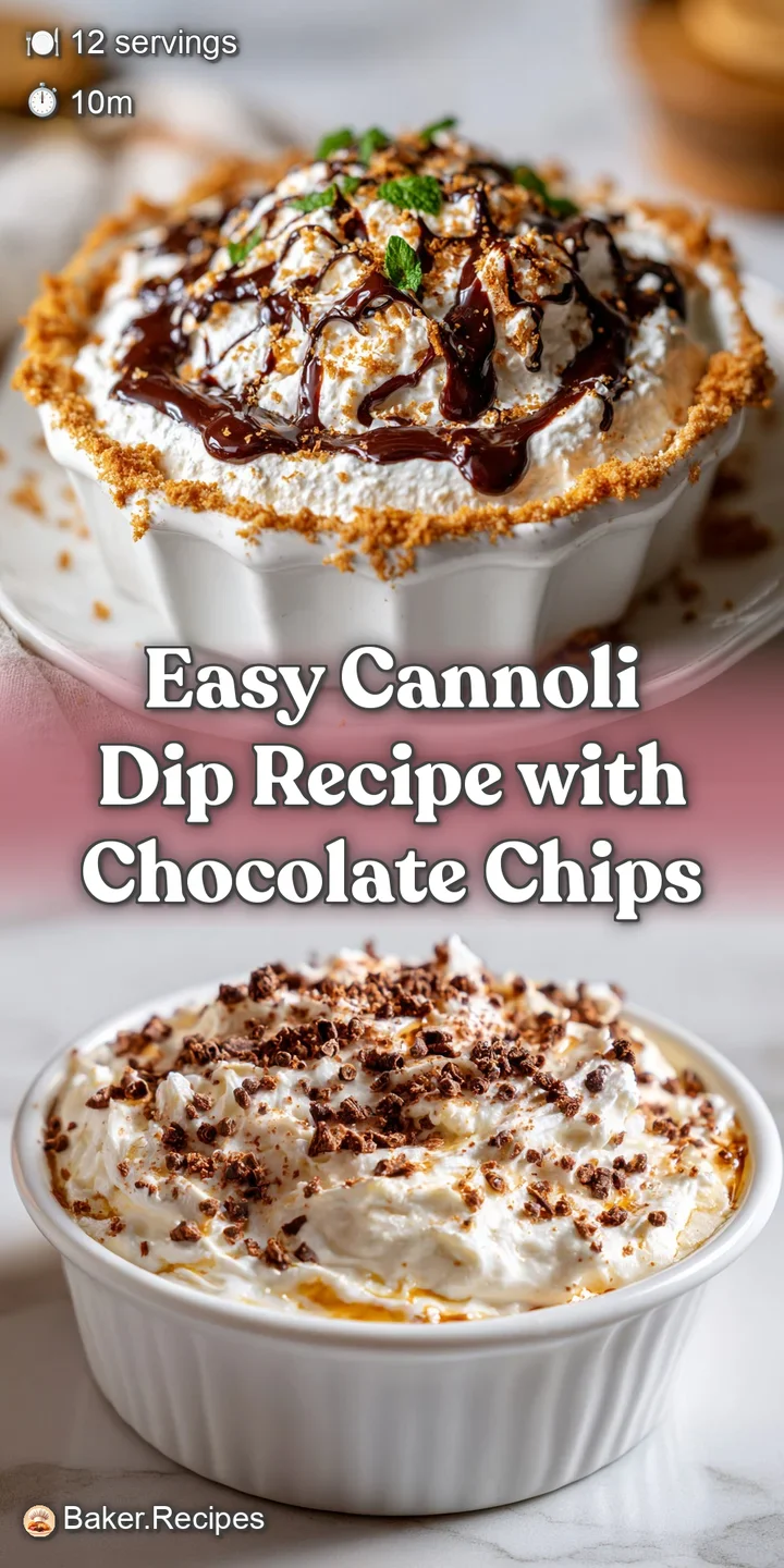 Close-up of cannoli dip with visible ricotta cheese texture, chocolate chips and powdered sugar. A golden-brown waffle con...