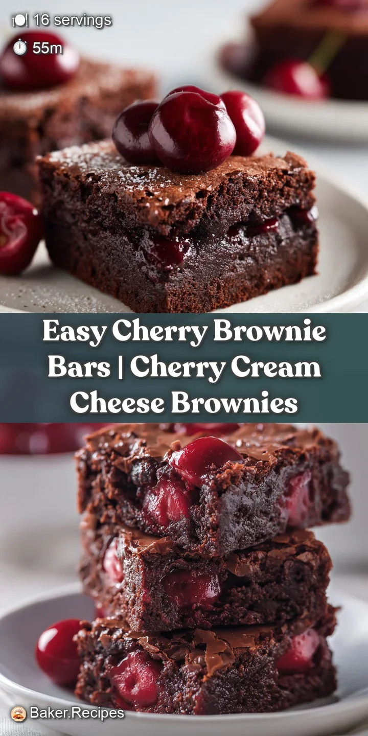 Close-up of a cherry brownie bar, revealing glossy chocolate, plump cherries, and tempting, slightly gooey edges; mouthwat...