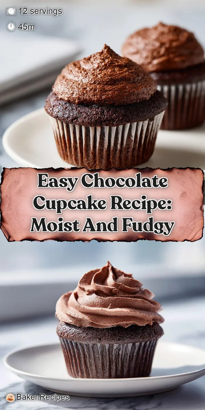 Close-up of a moist, dark chocolate cupcake with decadent chocolate frosting, highlighting its rich color and tempting tex...