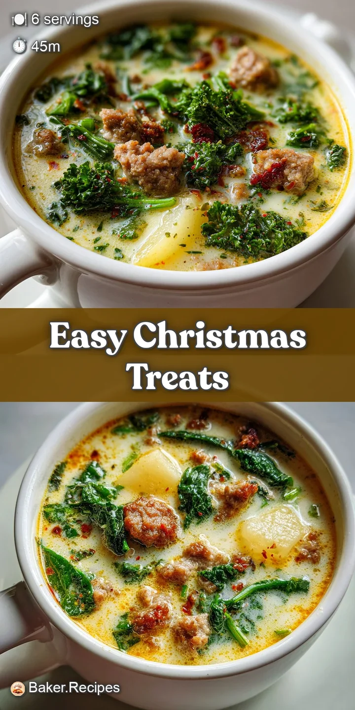 Close-up of creamy Zuppa Toscana; flavorful Italian sausage, rustic kale, and tender potato texture create warmth in every...