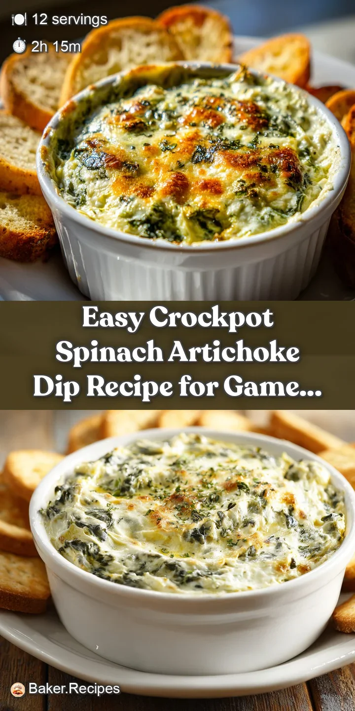 Close-up of warm, gooey spinach artichoke dip with browned cheese crust and visible chunks of artichoke and spinach.