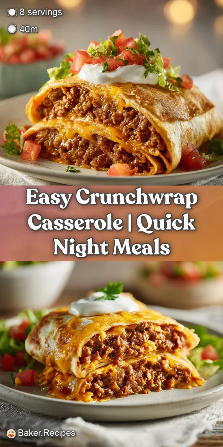 Close-up of the warm casserole revealing seasoned beef, melted cheese, & crisp tortilla. Topped with fresh tomatoes.