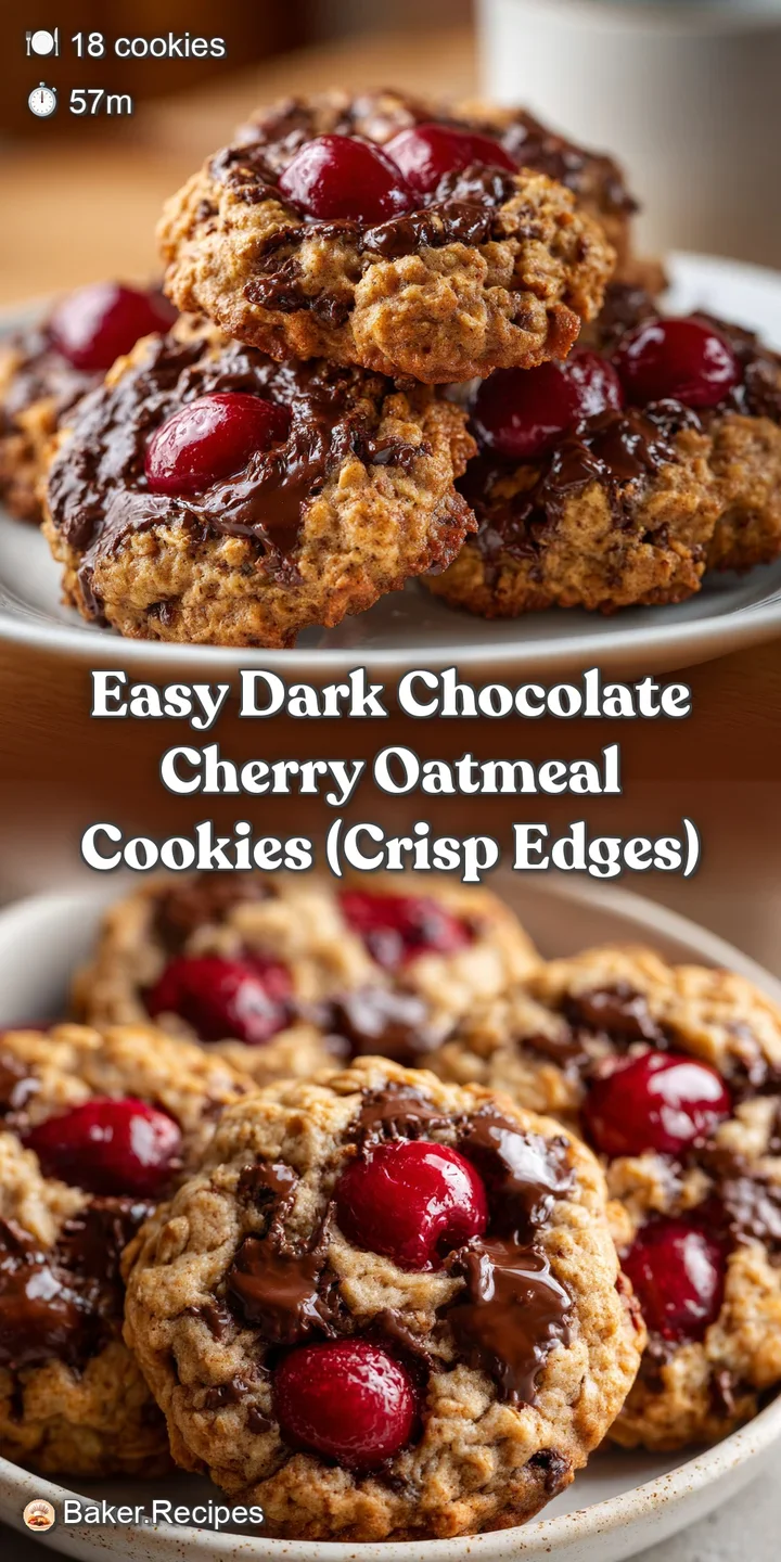Close-up of a chunky dark chocolate cookie showing textured oats and a glistening, tart red cherry piece in the center
