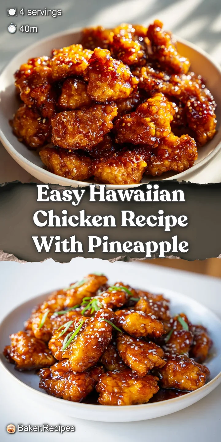 Close-up of glistening Hawaiian chicken cubes, sticky glaze catching the light. Juicy pineapple and vibrant peppers invite...