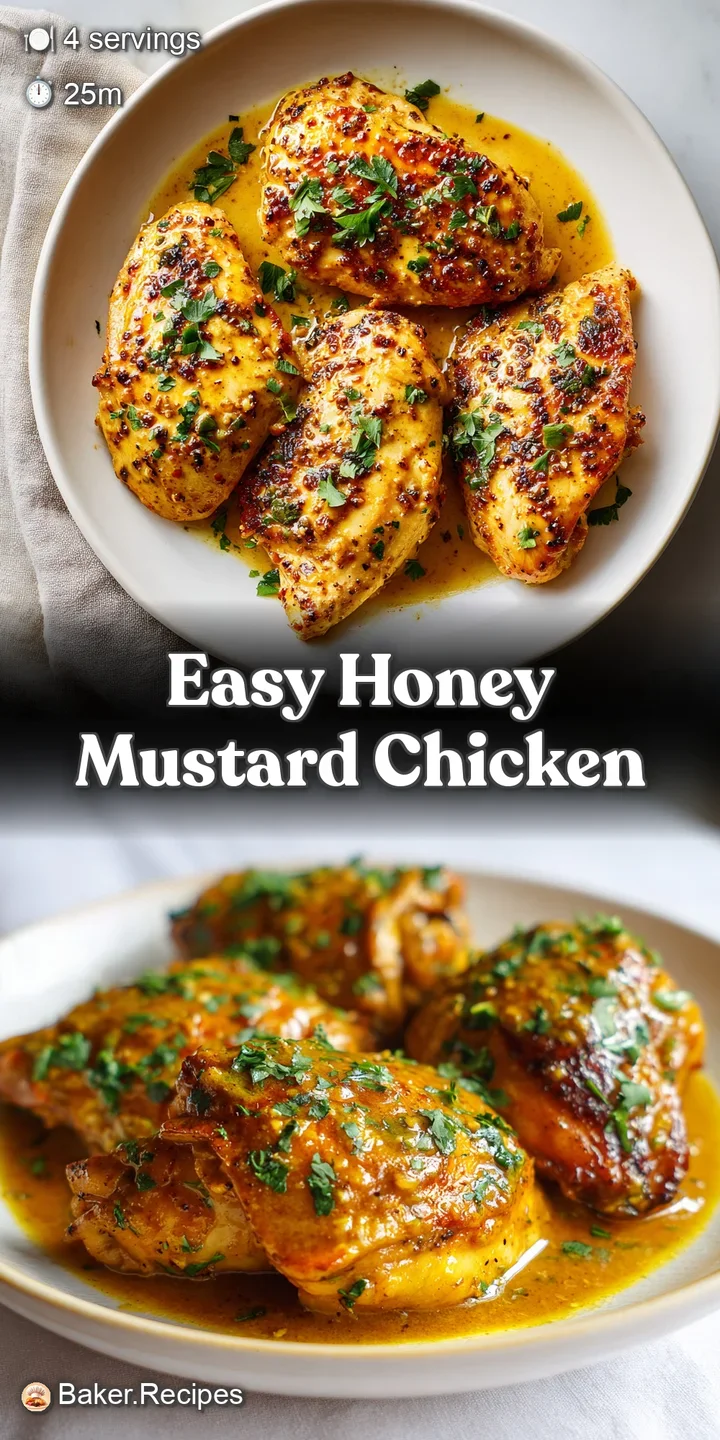 Close-up of juicy, honey-mustard glazed chicken. The caramelized sauce creates a tantalizing sheen. Garnish of fresh herbs.