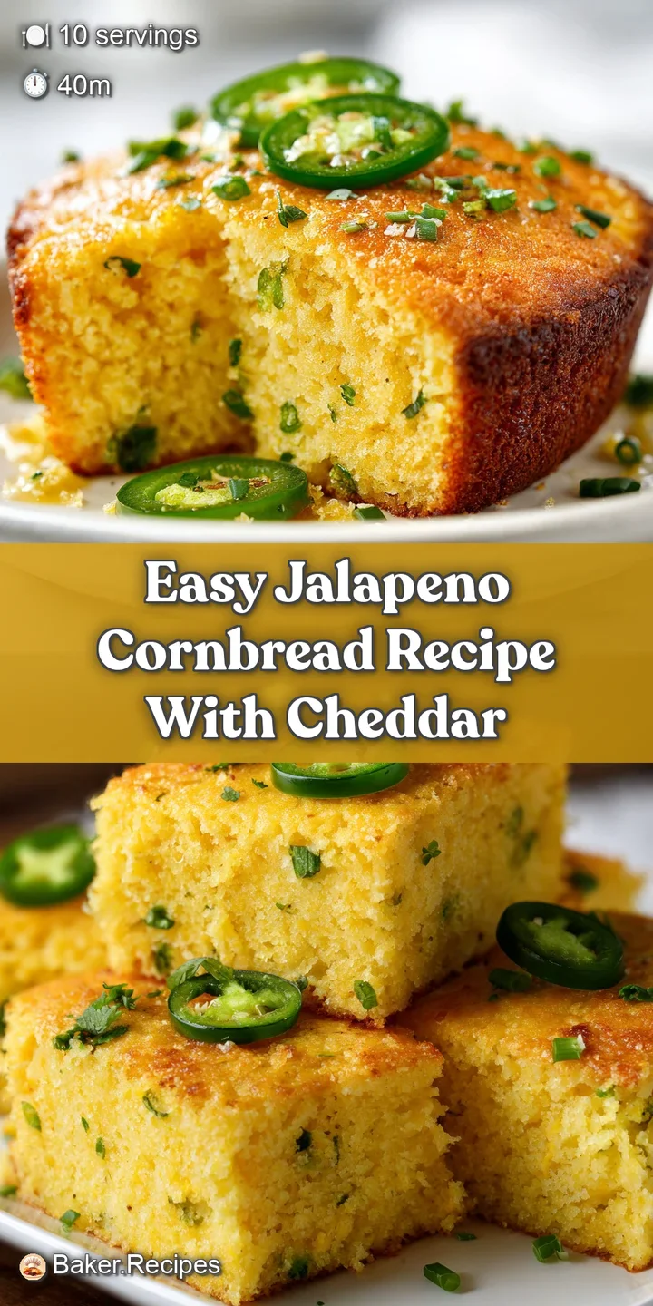 Close-up of golden cornbread, studded with diced green jalapenos and bits of corn. Lightly browned crispy crust is visible.