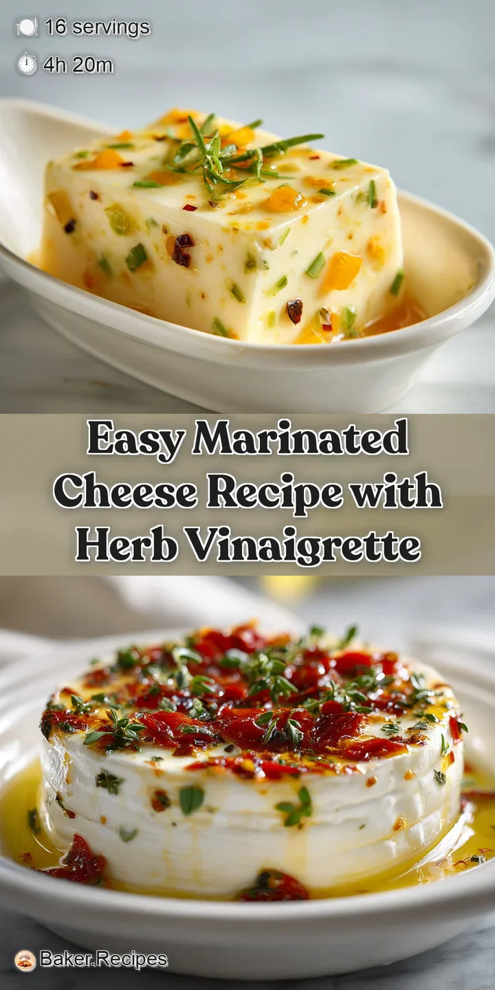 Close-up showcases glossy marinated cheese, vibrant herbs, and translucent olive oil, promising rich and savory flavors.