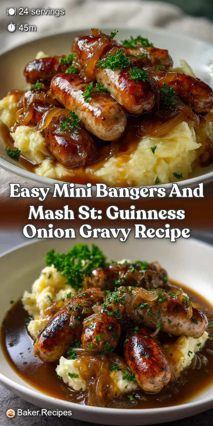 Close-up of perfectly cooked mini sausages and fluffy mashed potatoes, drenched in a thick, glistening Guinness gravy. A s...