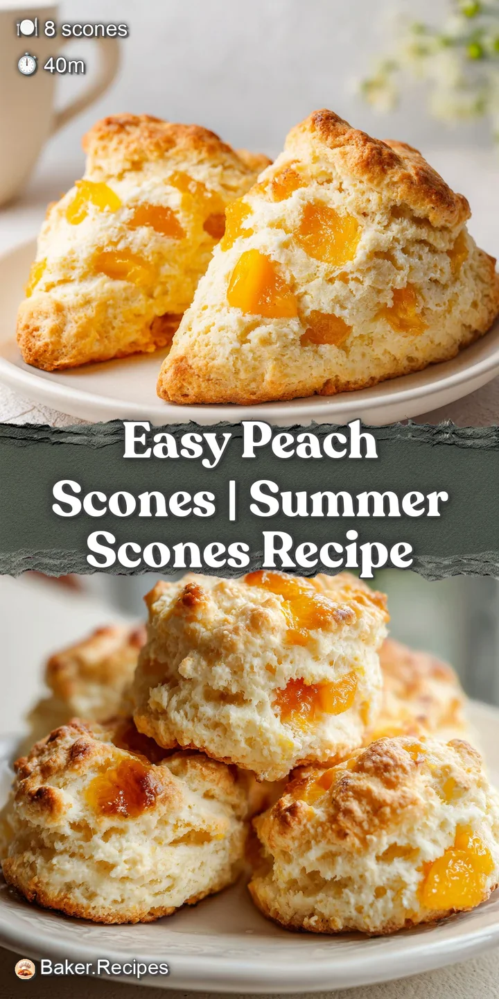 Close-up of a flaky, golden-brown scone showing soft, juicy peach pieces and a glistening sugary glaze.