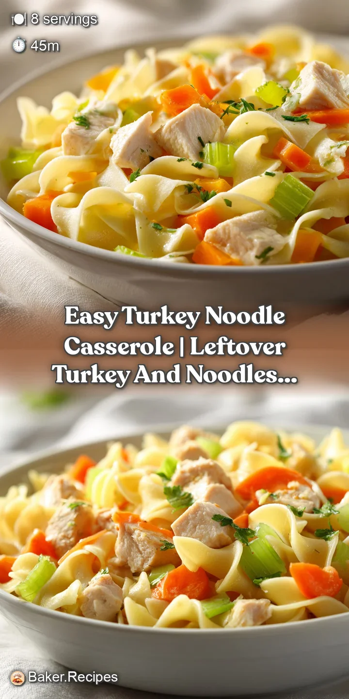 Close-up of creamy egg noodles and tender turkey with melted cheese stretching from a golden, toasted crust.