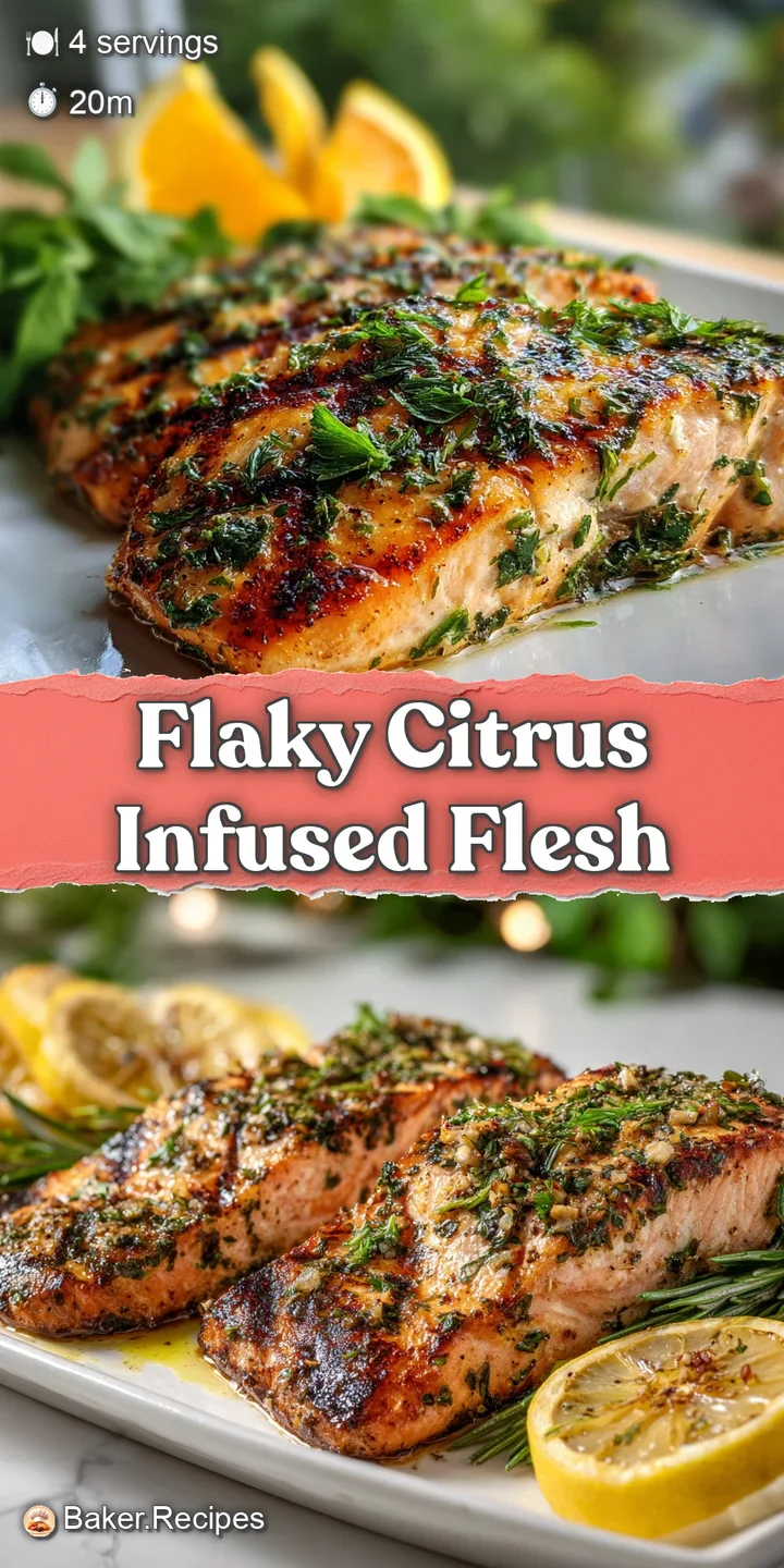 Close-up of tender salmon, flaky and moist, glistening with citrus and flecked with vibrant, fragrant herbs. Mouthwatering...