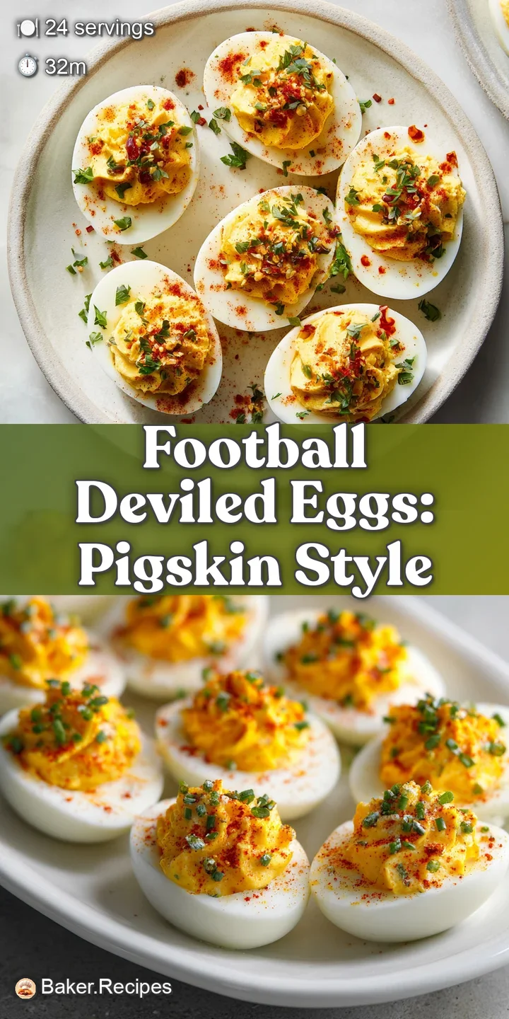 Close-up of a deviled egg football showing creamy, bright yellow yolk and lacing details on top, garnished with fresh gree...