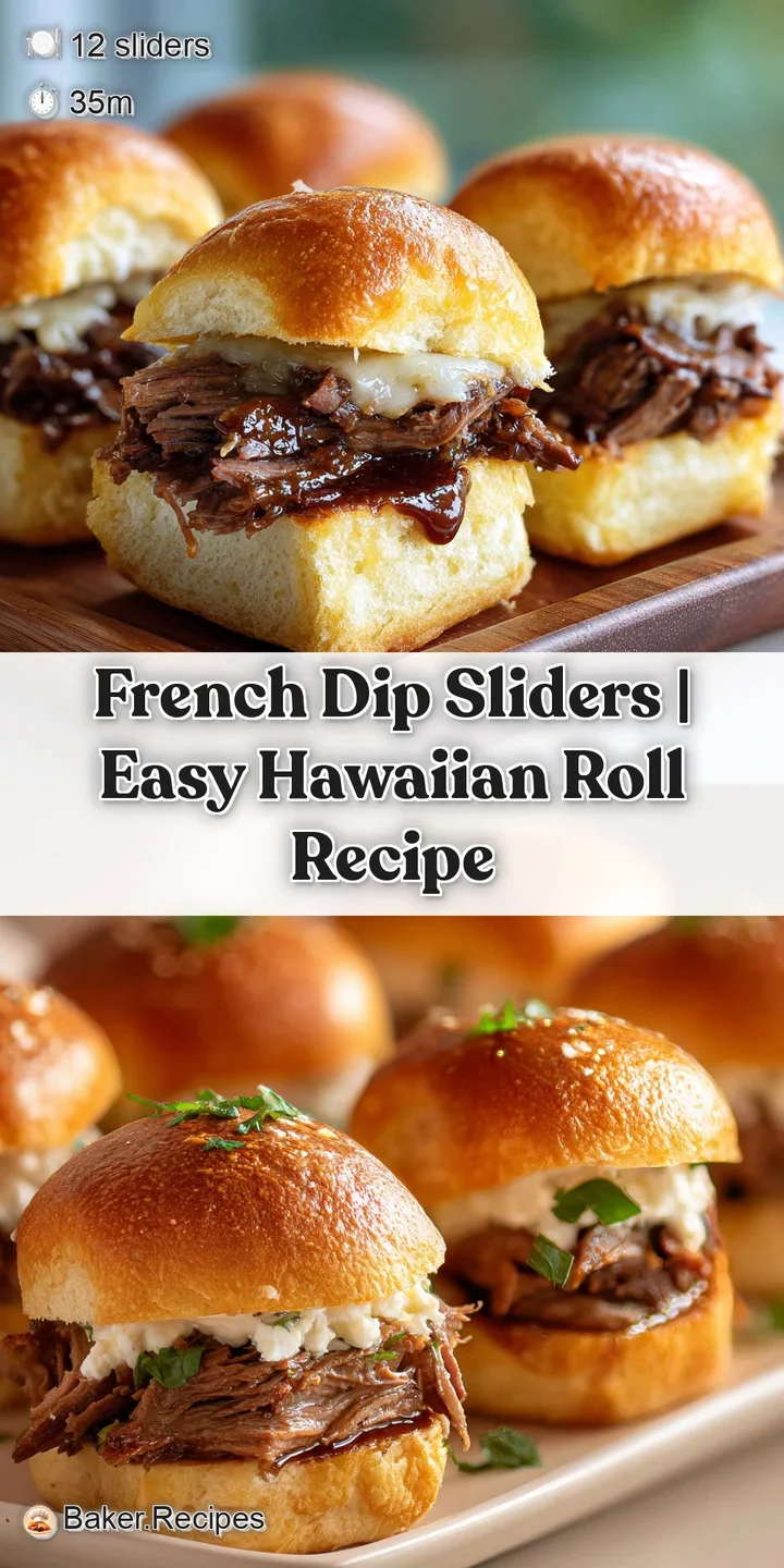 Close-up of a warm, crusty Hawaiian roll slider with tender roast beef, melted cheese, and glistening juices, ready to be ...