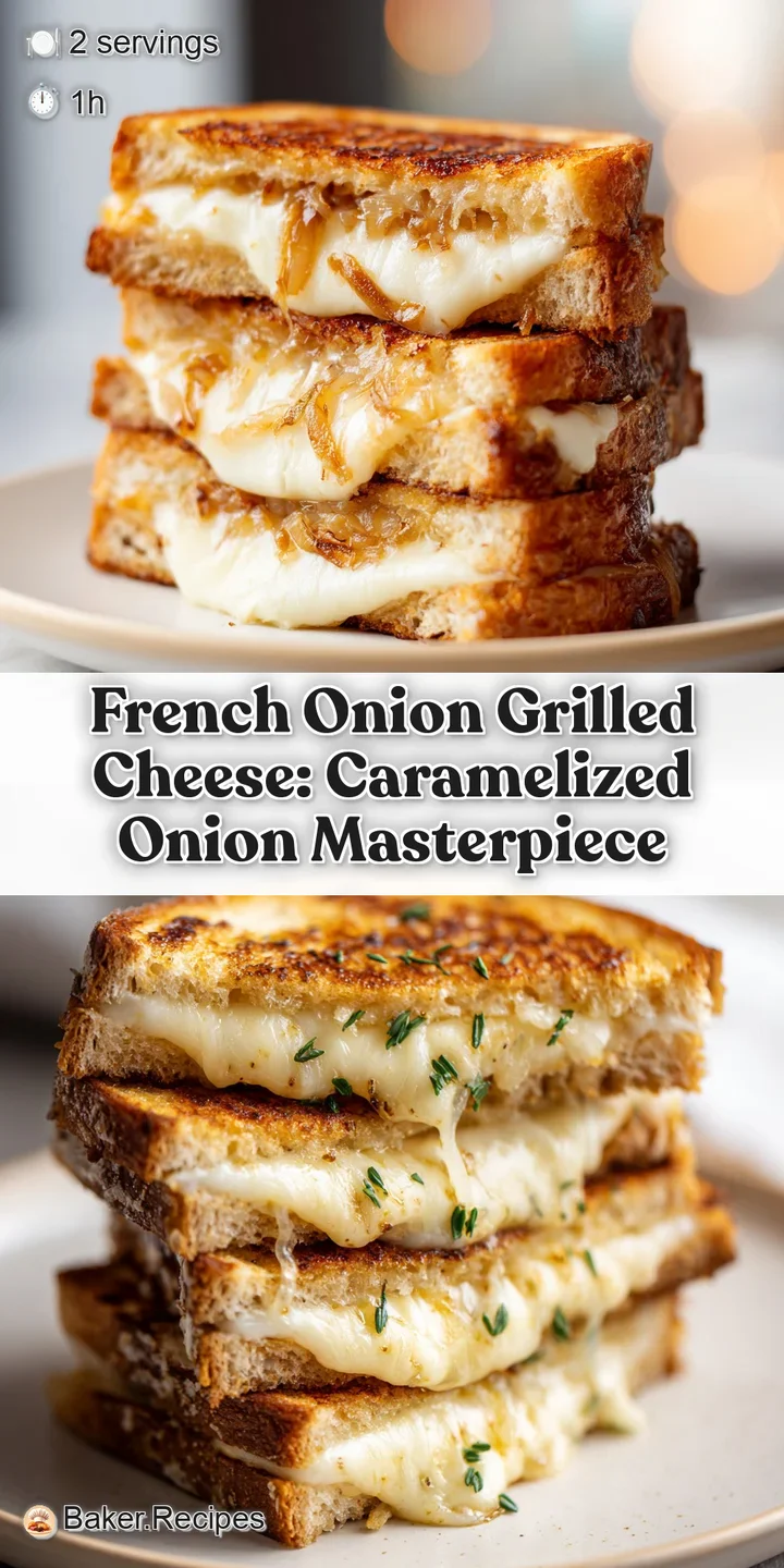 Close-up of a French onion grilled cheese. Melted cheese strings pull from the sandwich, highlighting the dark caramelized...