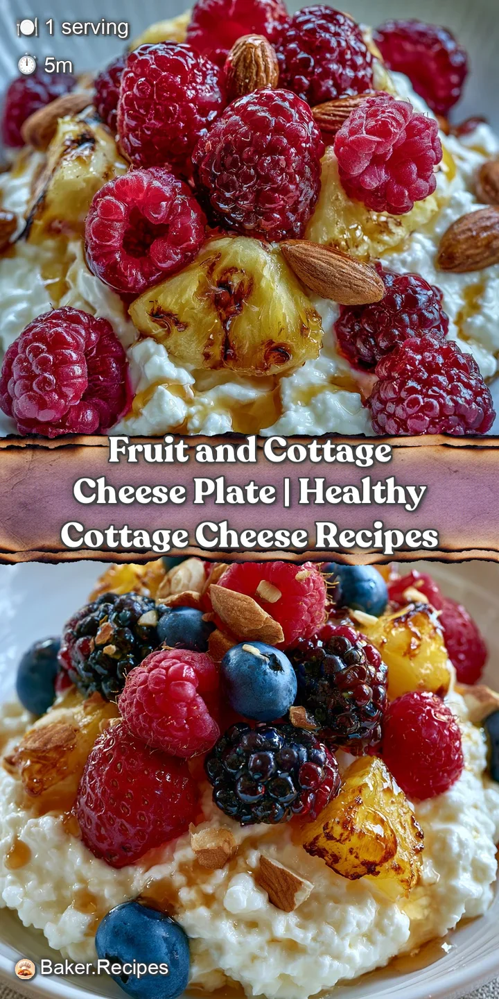 Close-up of juicy, glistening blueberries and sliced strawberries resting on a bed of thick, creamy cottage cheese.