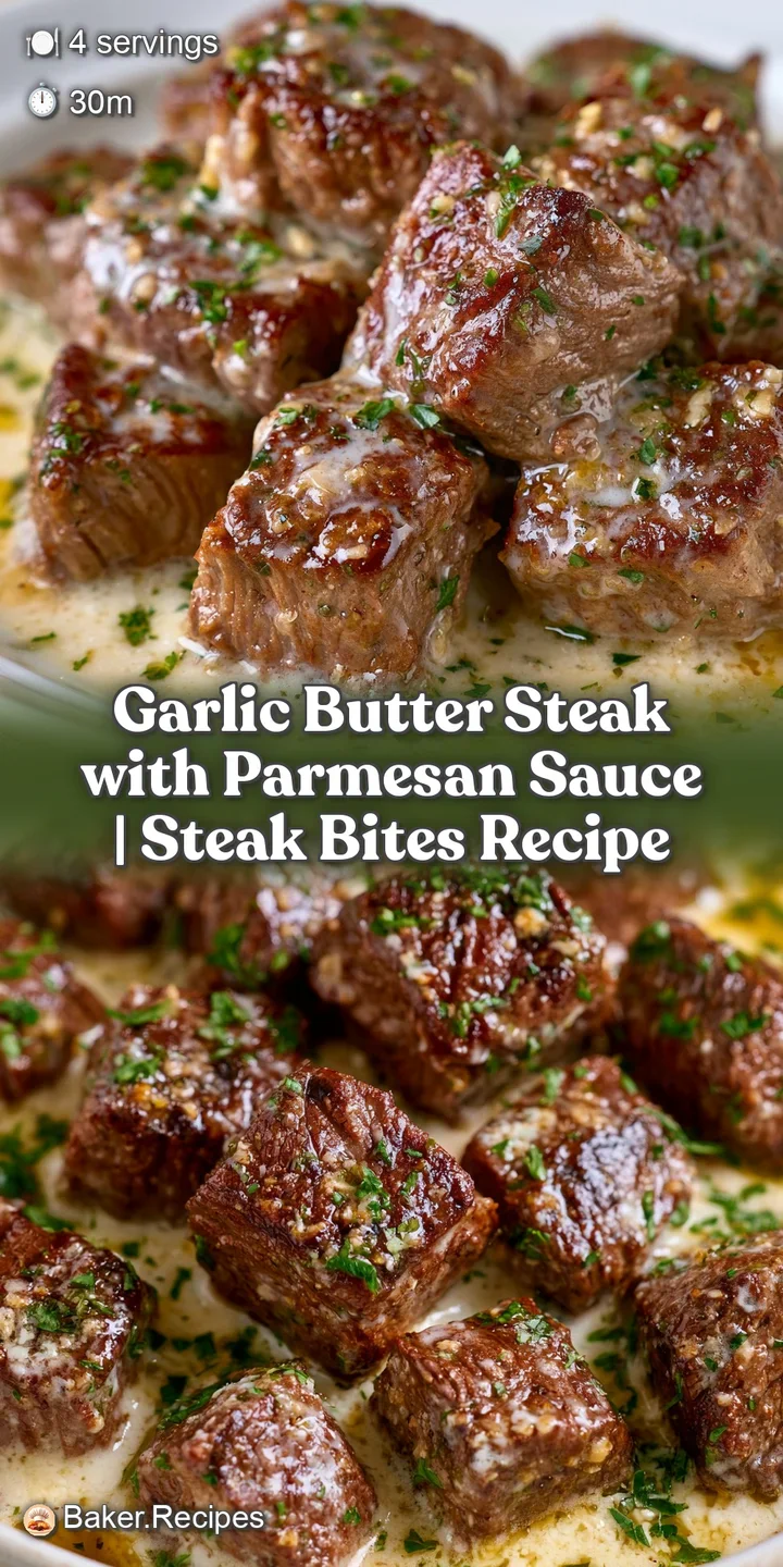 Macro shot of juicy, browned steak bites glistening with butter and coated in melted, salty parmesan cheese.