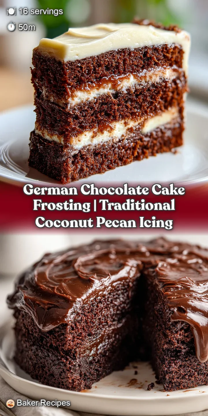 Close-up of glossy chocolate frosting with scattered toasted pecans and shredded coconut flakes.