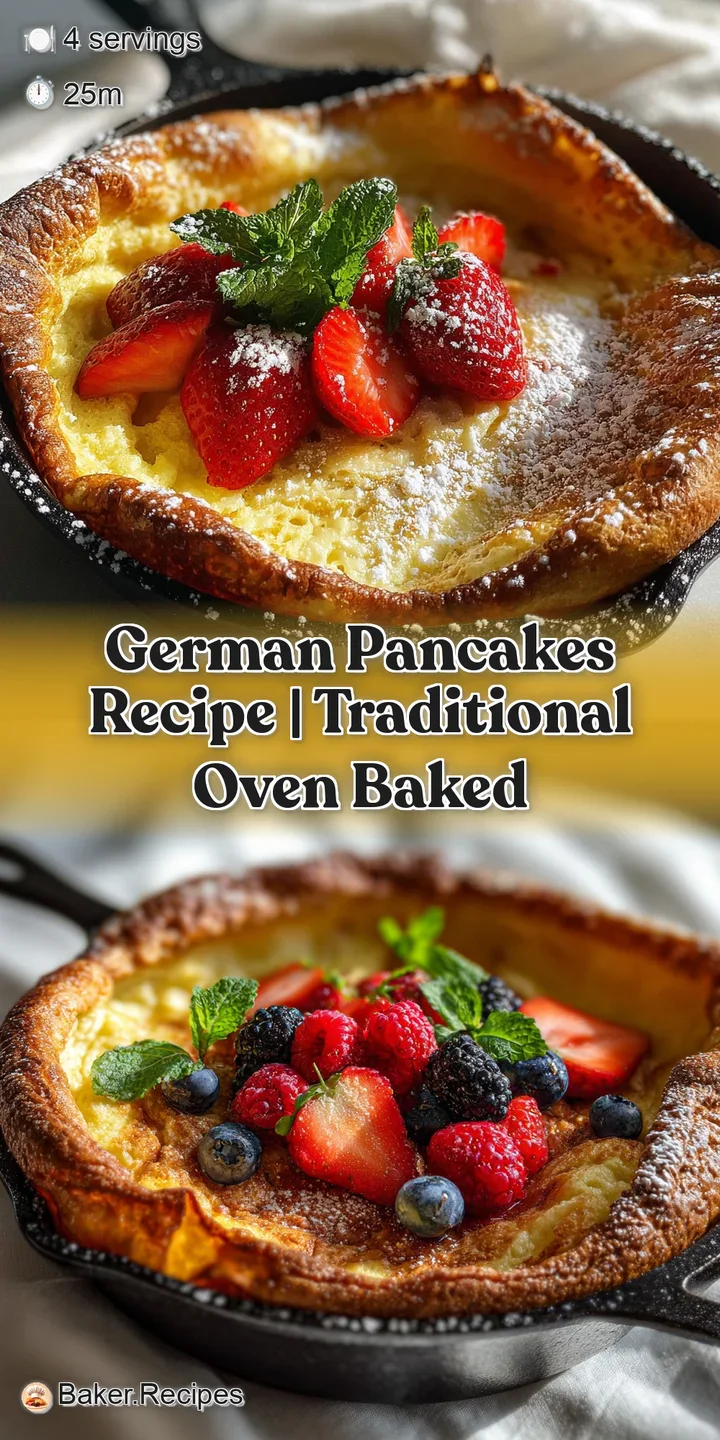 Close-up shows the puffy, browned texture of a German pancake, glistening with melted butter and sprinkled with powdered s...