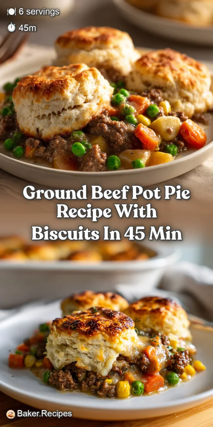 Close-up of a biscuit-topped pot pie, glistening with savory juices. Ground beef and vegetable filling peeks through a cra...