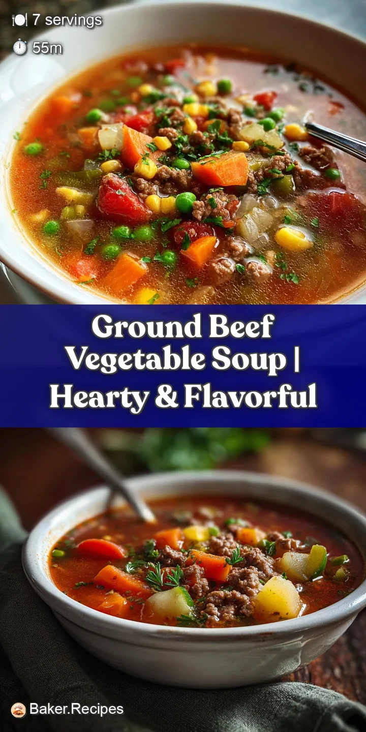 Close-up of ground beef vegetable soup, glistening broth, and colorful mix of vegetables, offering a taste of home-style g...
