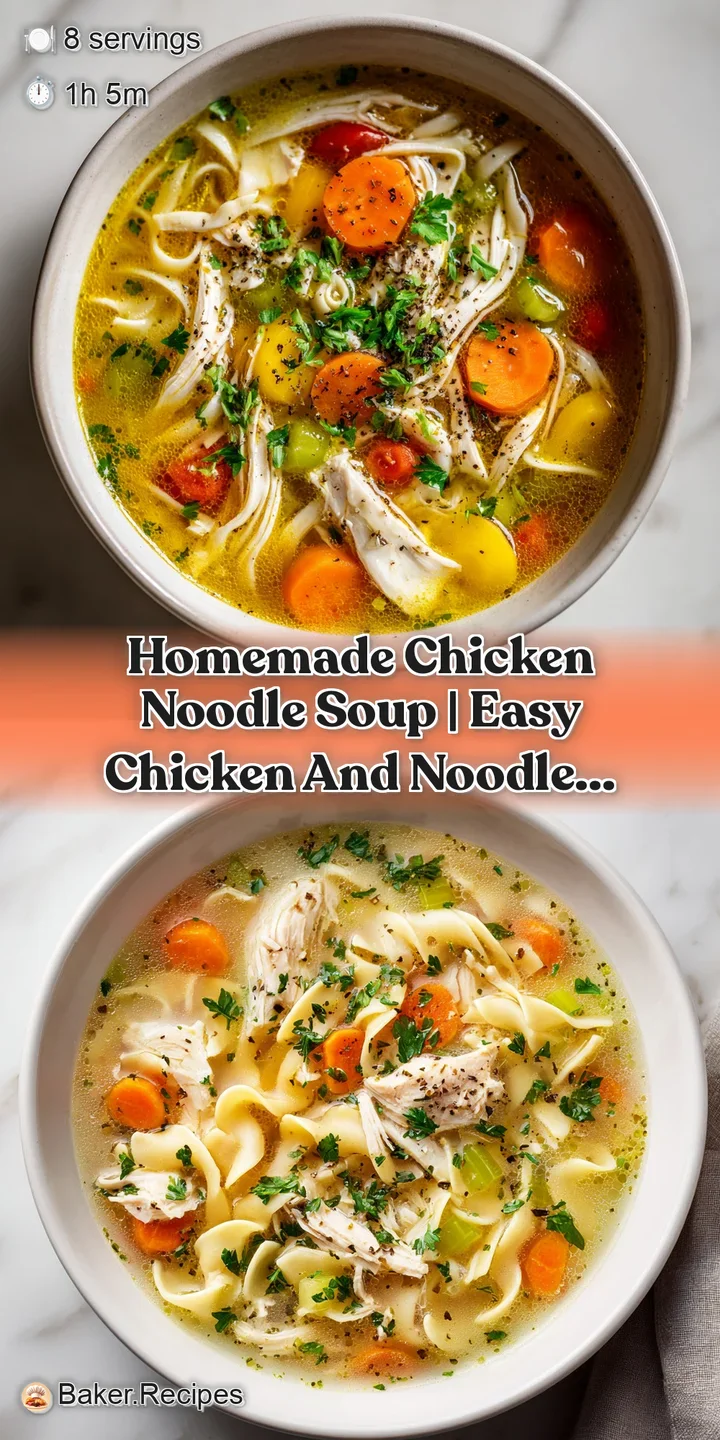 Close-up of tender chicken pieces and wavy noodles in a rich, golden chicken broth.