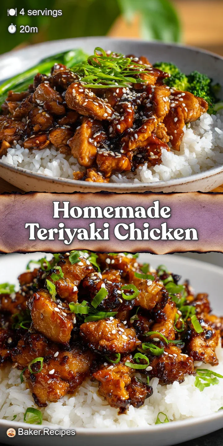 Close-up of glistening teriyaki chicken, showing rich brown sauce and tender texture, nestled with vibrant green broccoli.