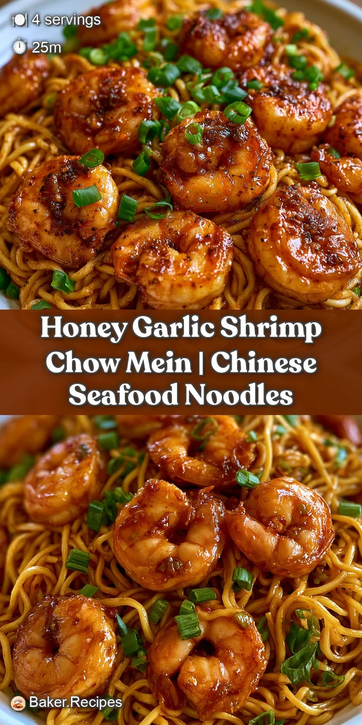 Close-up of succulent glazed shrimp and glistening noodles coated in a rich, amber-colored honey garlic sauce.