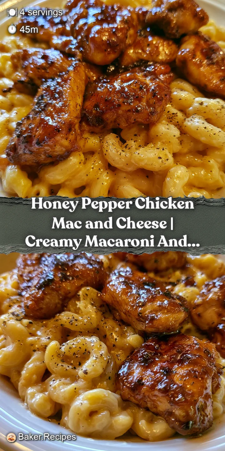 Close-up of molten cheese clinging to golden macaroni and a piece of honey-glazed chicken with cracked pepper specks.