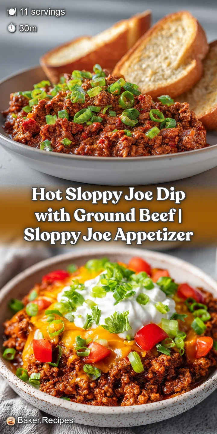 Close-up of bubbling, cheesy Sloppy Joe dip, showcasing the browned ground beef and melted cheese texture with a warm colo...