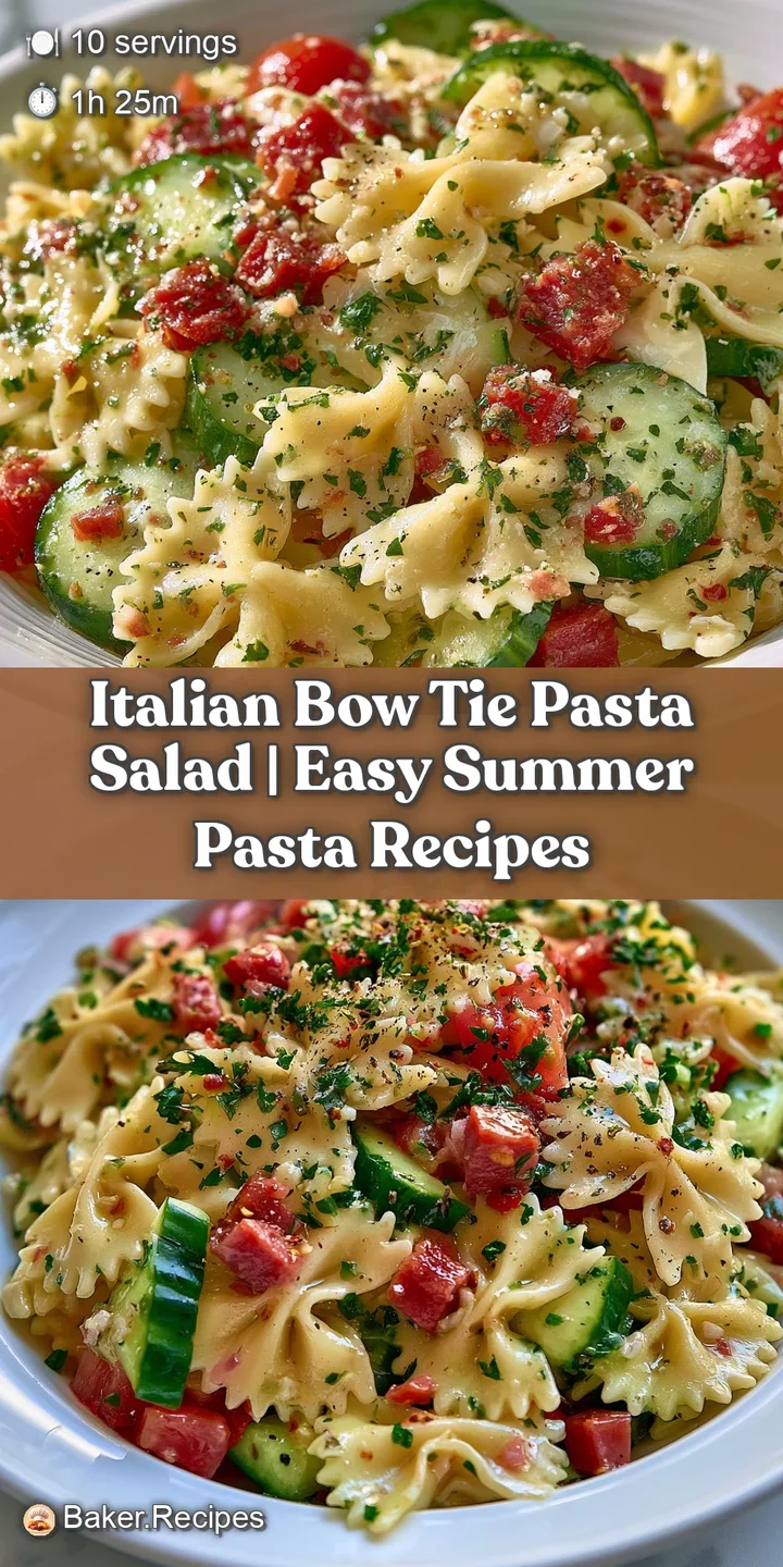 Close-up of glossy bow tie pasta coated in zesty dressing with juicy halved cherry tomatoes and salty black olives.