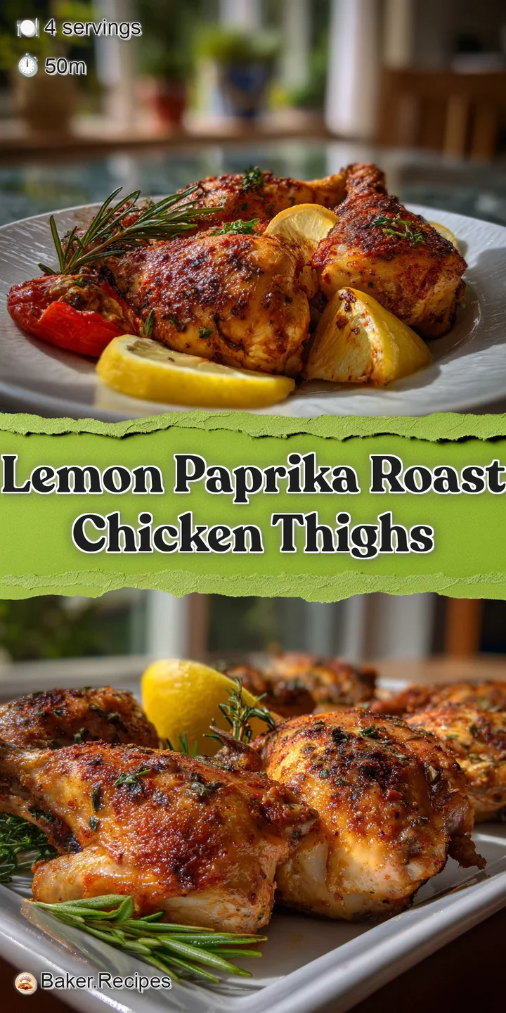 Close-up of a juicy baked chicken thigh with blistered, paprika-spiced skin. Hints of bright lemon zest complete this deli...