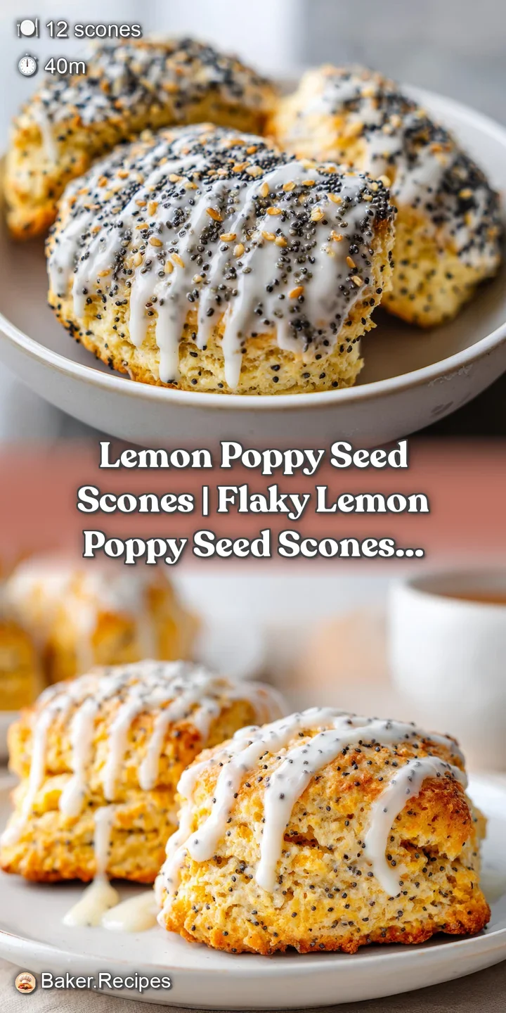 Close-up of a flaky, pale yellow crumb dotted with black poppy seeds and topped with a sweet, dripping lemon glaze.