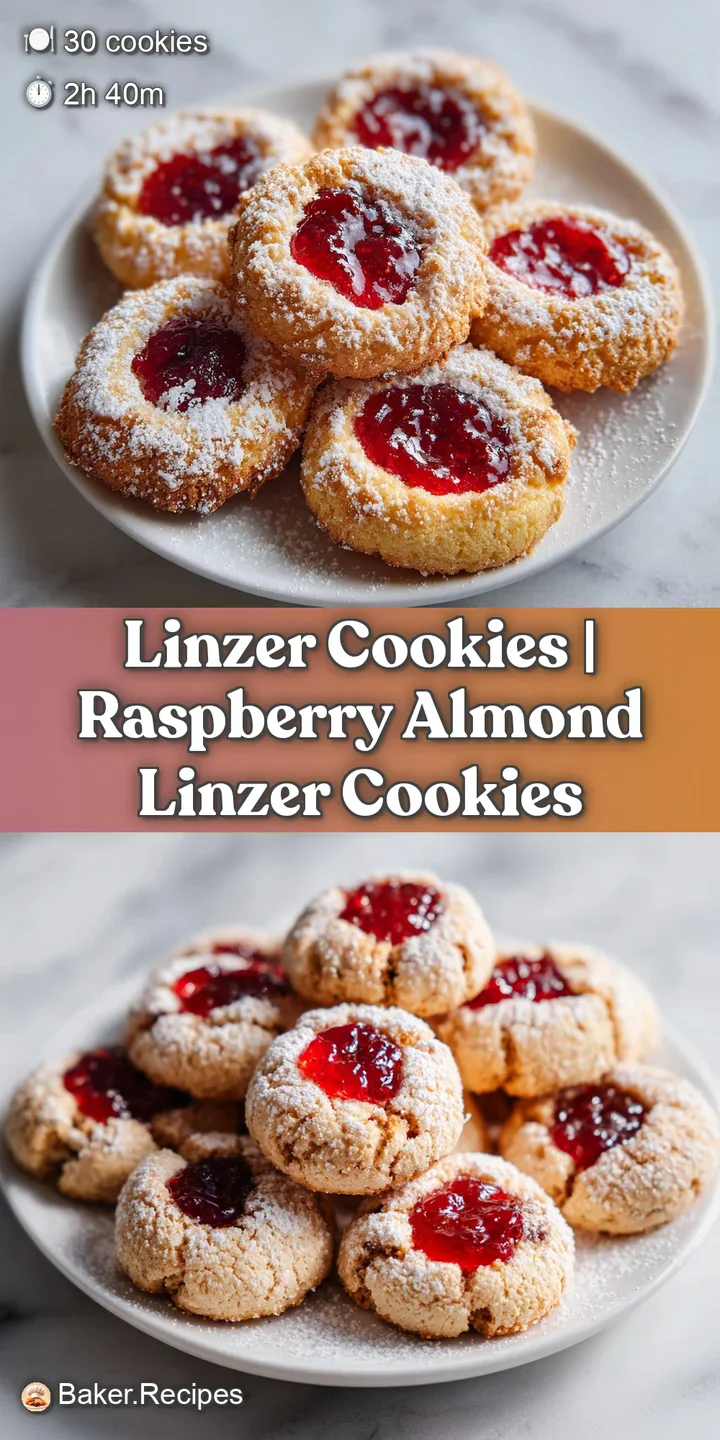 Close-up of a crumbly almond cookie with a glossy red jam filling and a fine dusting of snowy powdered sugar.