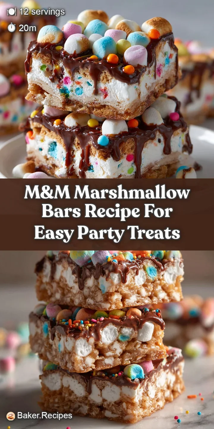 Close-up reveals a gooey, chewy marshmallow bar bursting with colorful M&Ms, showcasing its soft, melt-in-your-mouth texture.