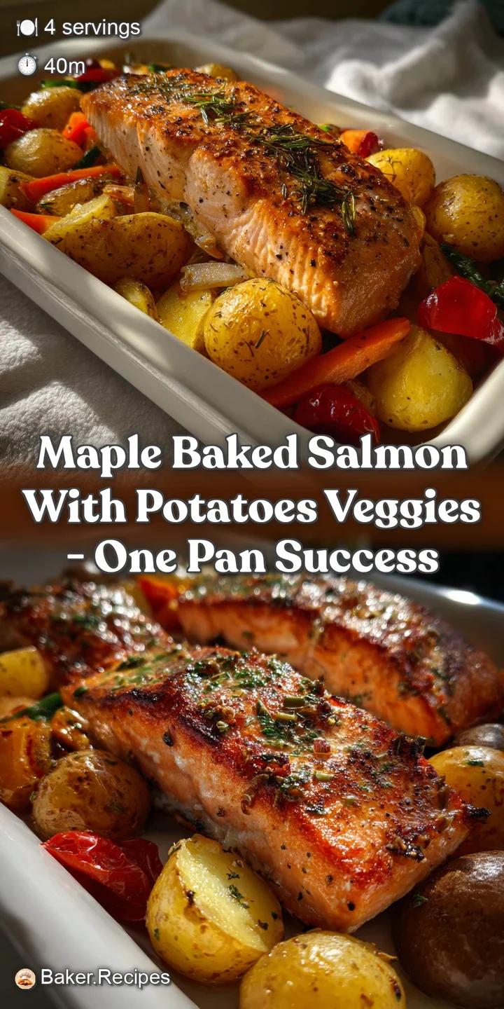 Close-up of baked salmon with a sweet, caramelized glaze, contrasted by the soft textures of roasted potatoes and bright g...