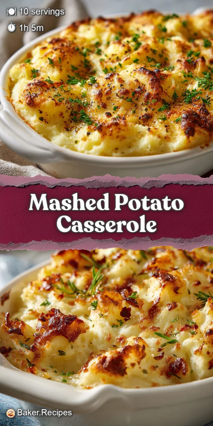 Close-up of a creamy, golden-brown mashed potato casserole with crisp, browned edges, inviting and comforting.