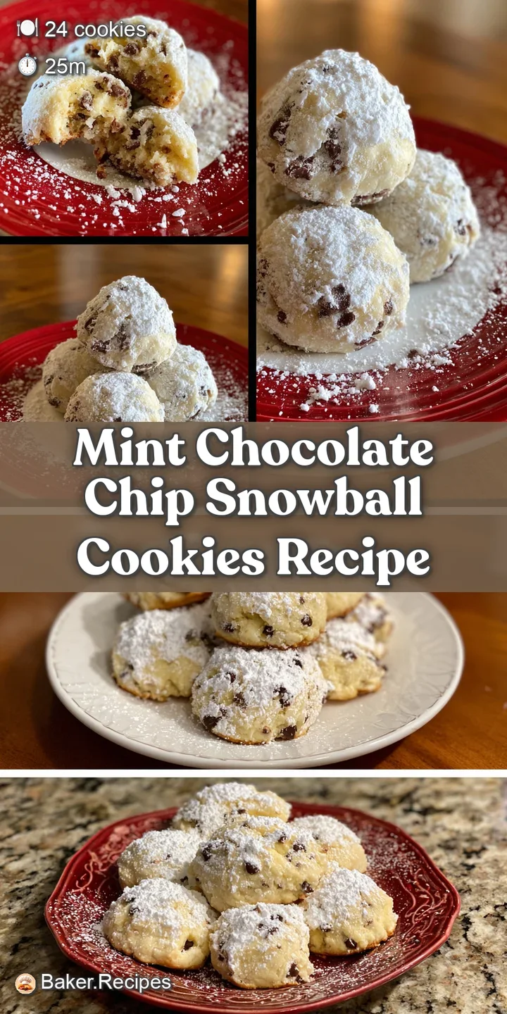 Close-up shot of a mint chocolate chip snowball cookie, its sugary coating cracked to reveal flecks of dark chocolate and ...