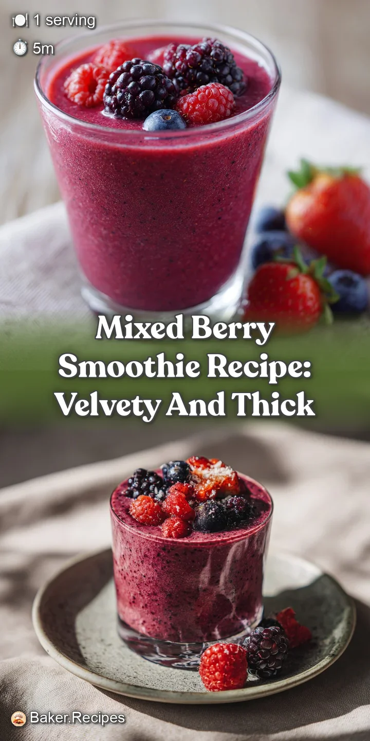 Close-up of a berry smoothie. Blended berries create a rich purple color; flecks of ice show the cold, refreshing texture.