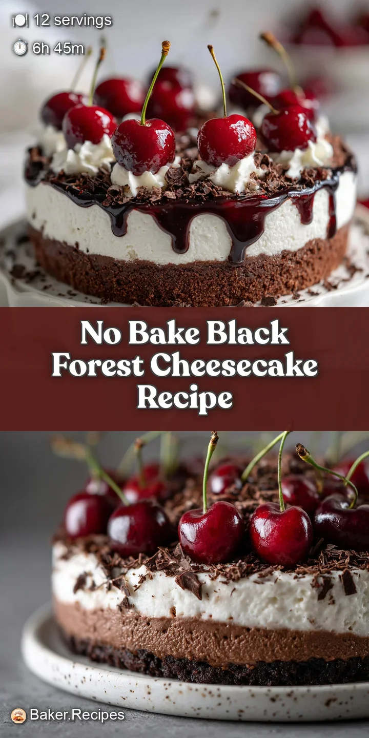 Close-up: A vibrant, tempting black forest cheesecake. Creamy smooth filling with cocoa powder dusting and glossy dark che...